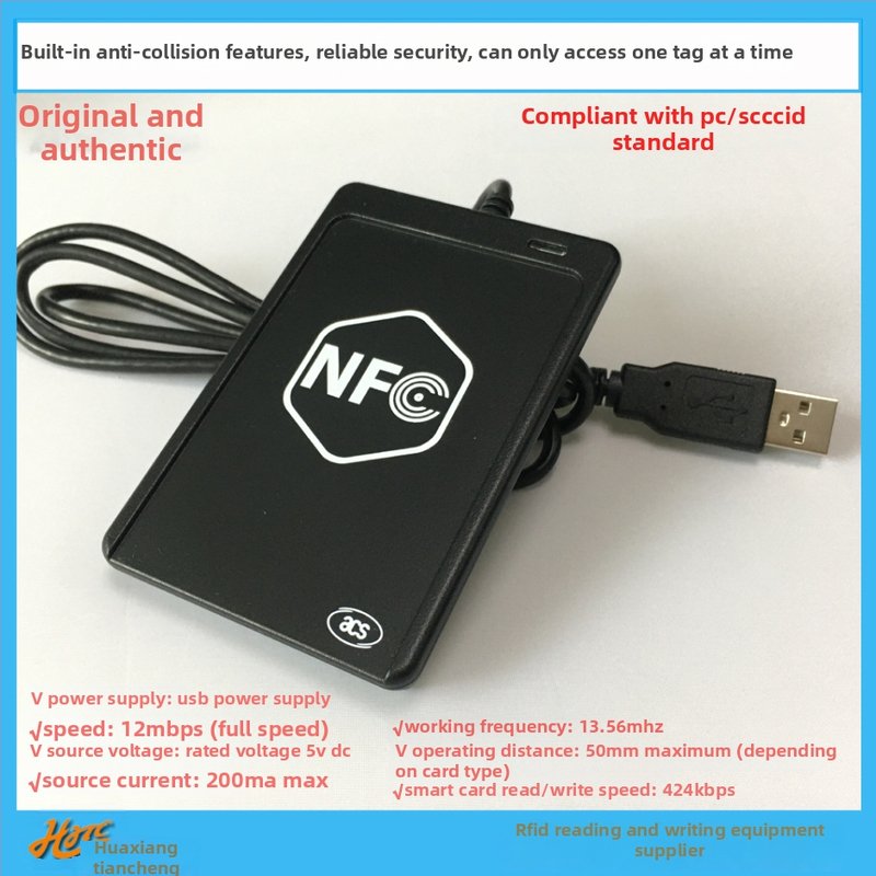 ACR1251U-M1 bezkontakta RFID/NFC kartes lasītājs; USB pilnas ātruma saskarne; atbalsta ISO14443 A/B, M1 sēriju, DESFire, FeliCa; 13,56 MHz; lasīšanas diapazons 5–10 cm