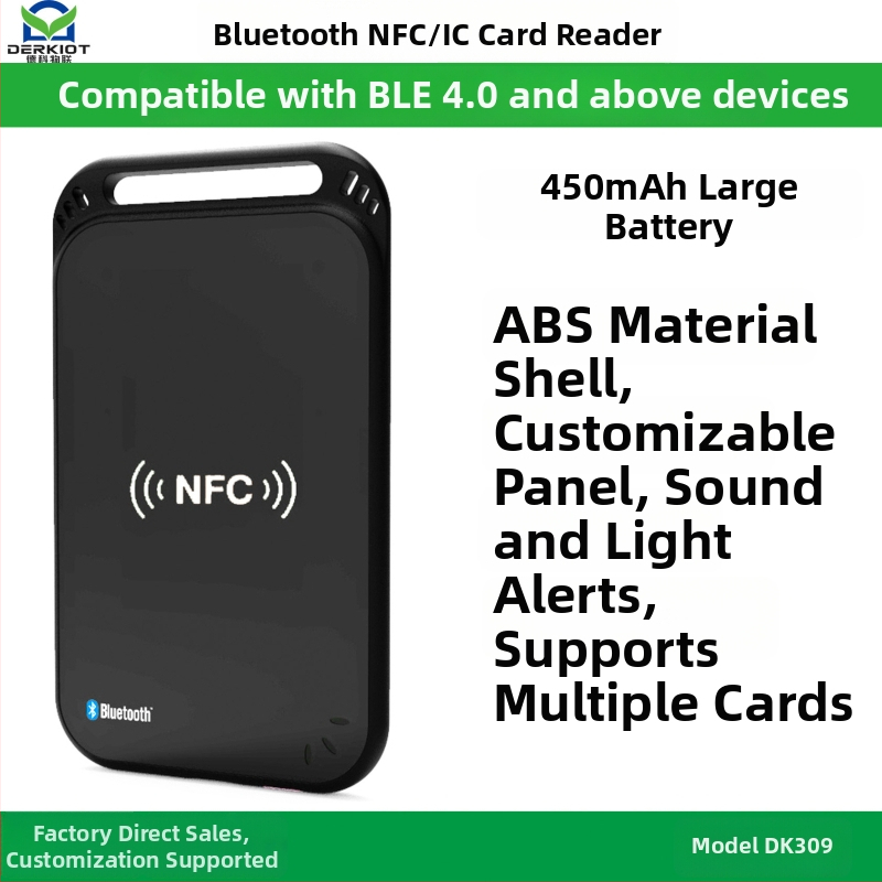 DK309 Bluetooth NFC lasītājs bezkontakta kartēm; augstas frekvences kartēm; jutības diapazons 0–6; darba frekvence 13560; kartes lasīšanas laiks 0,2 s