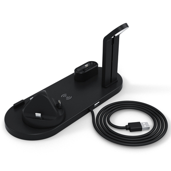 Stativ pentru ceas și încărcător de căști cu încărcare wireless, bază 3 în 1, se rotește la unghiuri, USB 1.1, suport MicroSD/MicroSDHC, instalare încorporată, greutate 0,56 kg