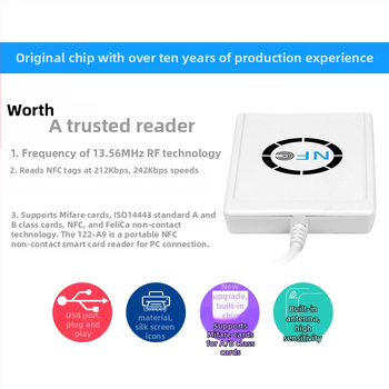 NFC-122U Prieigos kortelių skaitytuvas 13,56 MHz, IC/NTAG suderinamumas, Modelis 122, jutiklio atstumas 1–6 cm, skaitymo laikas 1