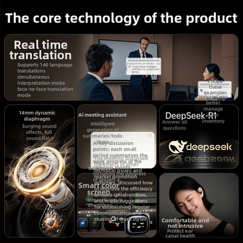 AI nutikas samaaegse tõlke Bluetooth peakomplekt, kõrvakaariku kilp, salvestus ja transkriptsioon, Android/iOS, Bluetooth 5.4, 400mAh, 45g, puutetundlik ja nupuvõti, 2025 mudel