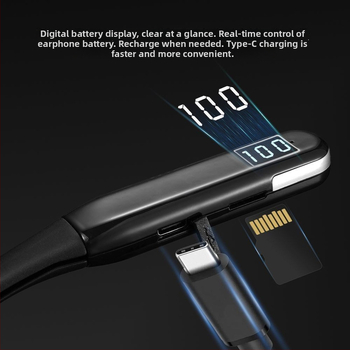 Beveidės kaklo juostos ausinės sportui – stereo garsas, ilgai veikiantis akumuliatorius (>8 val.), Bluetooth 5.4, 10 m diapazonas, atsparios vandeniui, in-ear