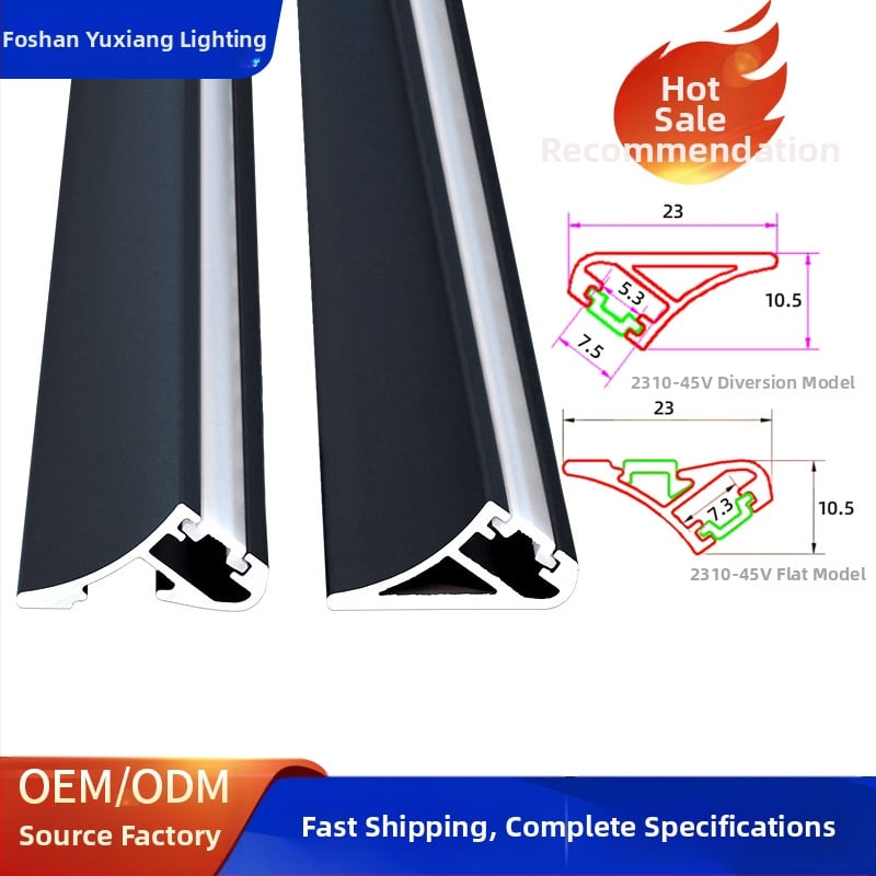 LED spintos šviestų kanalas, paviršinė montavimas, 45° įstrižas šviesos ruožas, silikono įdėklas, aliuminio korpusas, modelis 2310-45V