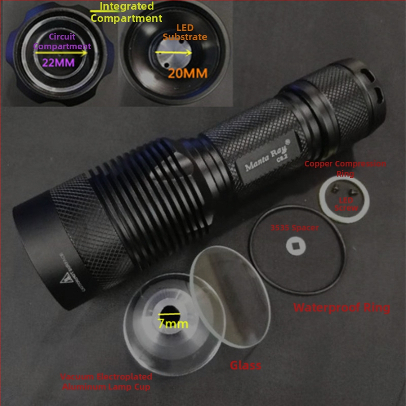 XHP35/50/70 žibintuvėlio korpusas DIY – Modelis C8.2, Aliuminio lydinys, Korpuso tipas: apvalkavimas, Paviršiaus oksidavimas, Montavimui, Suderinamas su 18650/26650