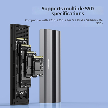 M.2 púzdro pre NVMe/SATA SSD s dvojitou prevádzkou, Type-C, hliníková zliatina, podporuje až 8TB, rýchlosti 10Gbps NVMe / 5Gbps SATA