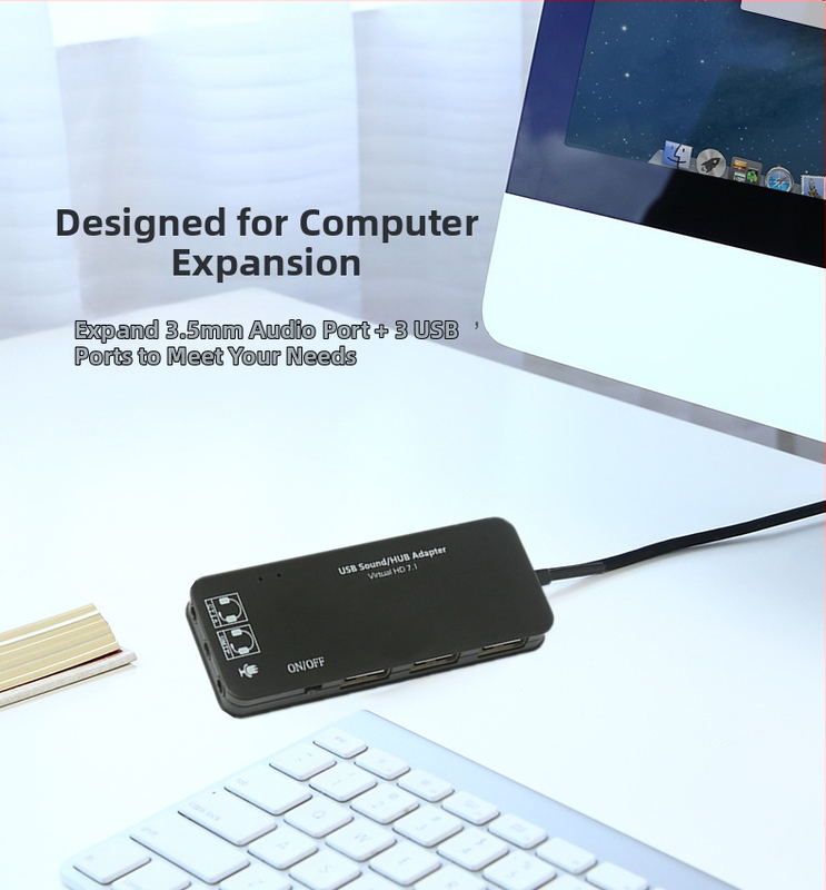 USB 2.0 hub rozbočovač s audio 2.0 a 7.1 zvukovou kartou | Model SH01 | Dĺžka kábla 50 cm | Bez externého napájania