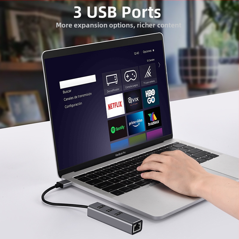 USB-C 4-v-1 hub s Gigabit Ethernet, USB 3.0 rozhranie, 5 Gbps, 20 cm kábel