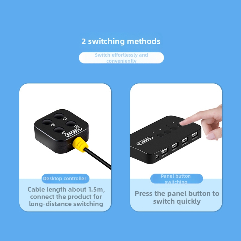 USB 2.0 hub pre štyroch hostov, zdieľa a prepína štyri USB zariadenia, model FJ-U404, bez externého napájania