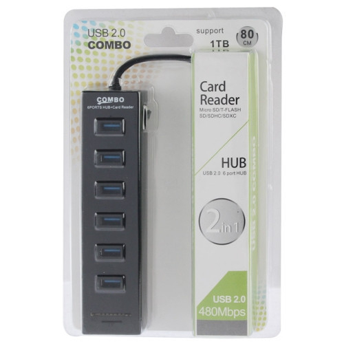 USB 2.0 6-portový hub s čítačkou TF/SD kariet, dokovacia stanica, 480 Mbps, 80 cm kábel