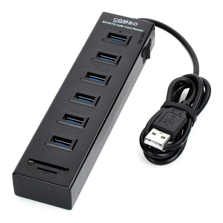 USB 2.0 6-portový hub s čítačkou TF/SD kariet, dokovacia stanica, 480 Mbps, 80 cm kábel