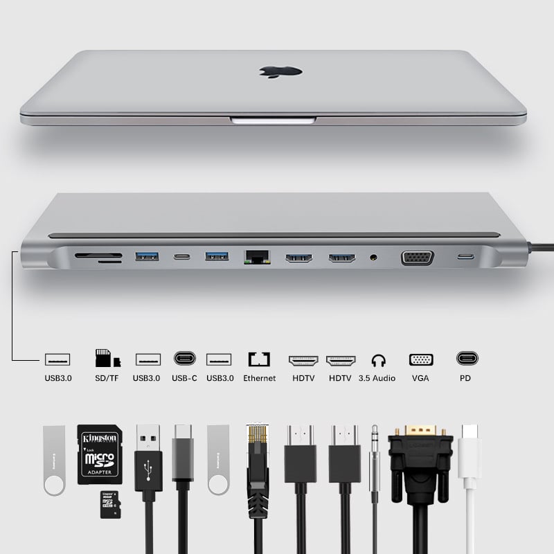 12-u-1 USB-C docking station za prijenosno računalo s HDMI, VGA i USB hubom, dvostruki HDMI izlaz (5 Gbps prijenos, USB-C sučelje, bez vanjskog napajanja)