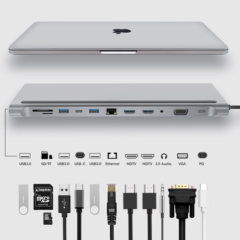 12-u-1 USB-C docking station za prijenosno računalo s HDMI, VGA i USB hubom, dvostruki HDMI izlaz (5 Gbps prijenos, USB-C sučelje, bez vanjskog napajanja)