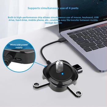 Zhongxin USB 3.0 4-portový hub s Type-C rozšíreným dokom, 5 Gbps, kábel 30 cm, napájanie cez USB