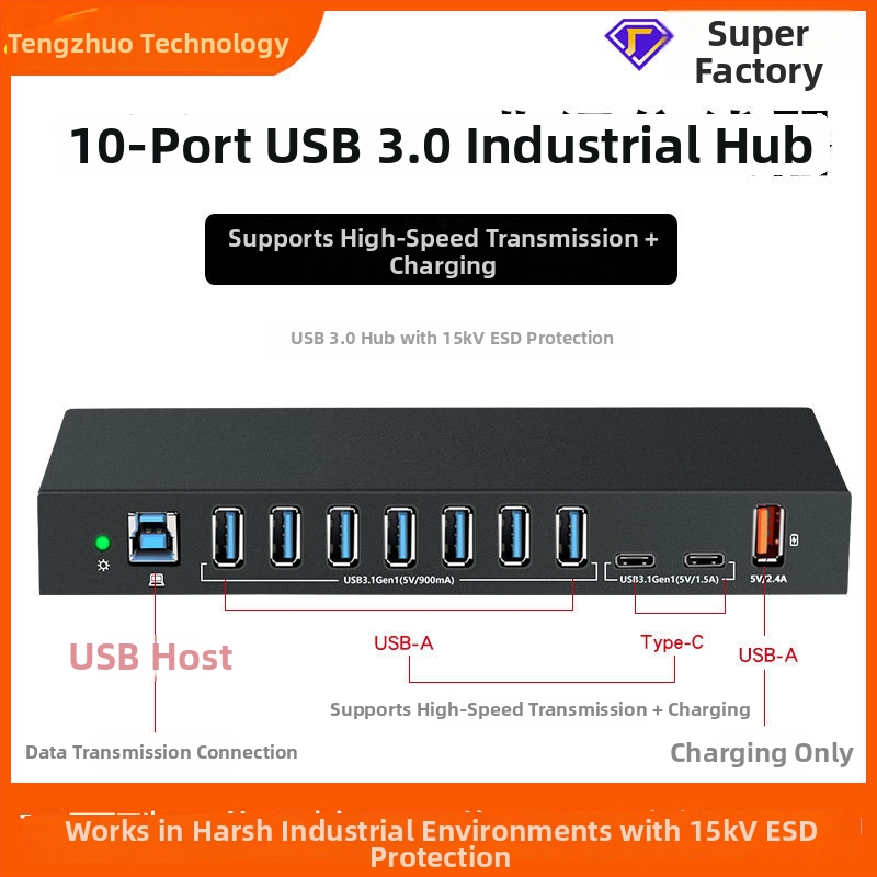 USB hub, priemyselnej triedy, ochrana proti statickému náboju, USB 3.0, napájaný cez počítač, model TH-3810