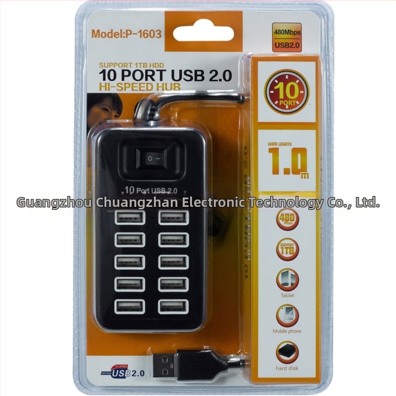 P-1603 USB 2.0 hub s 10 portami a prepínačom, USB 2.0, 480 Mbps, bez externého napájania