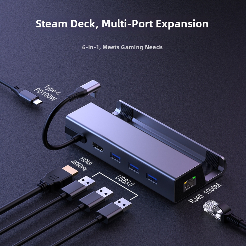 CS-031 USB-C hub so 6 portami, gigabit Ethernet, USB 3.0, Type-C rozhranie, 5 Gbps prenosová rýchlosť, kompatibilný so Steam Deck a Apple dokovacou stanicou