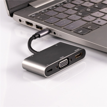 Type-C dokovacia stanica 5-in-1: VGA, HDMI, USB, PD a USB hub pre slúchadky (Type-C rozhranie; VGA; HDMI; USB; PD)