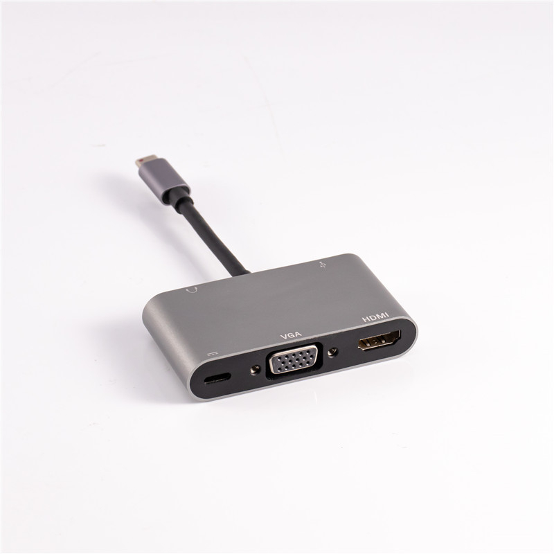 Type-C dokovacia stanica 5-in-1: VGA, HDMI, USB, PD a USB hub pre slúchadky (Type-C rozhranie; VGA; HDMI; USB; PD)