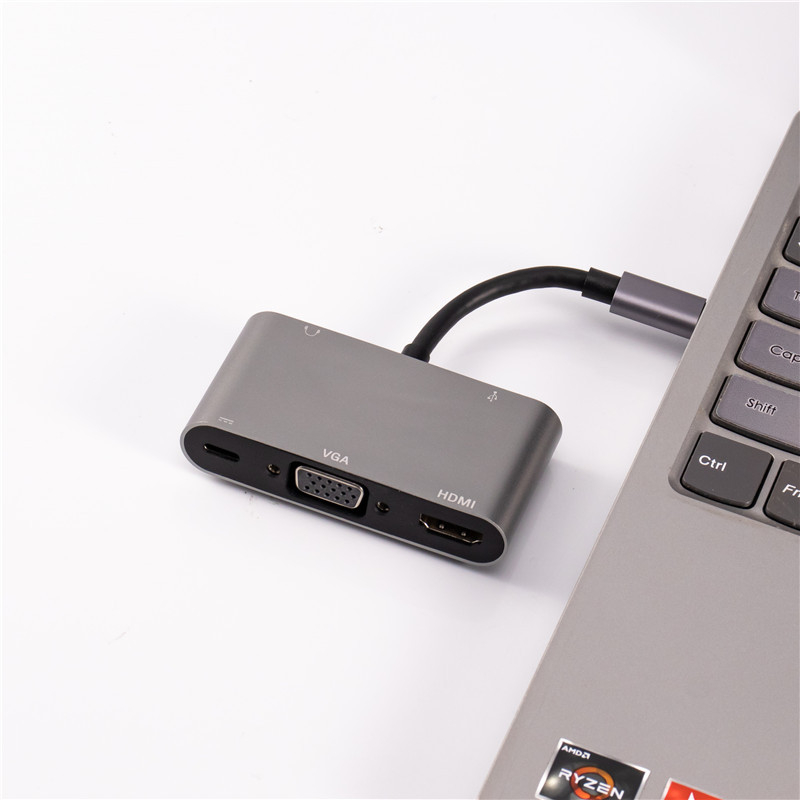 Type-C dokovacia stanica 5-in-1: VGA, HDMI, USB, PD a USB hub pre slúchadky (Type-C rozhranie; VGA; HDMI; USB; PD)