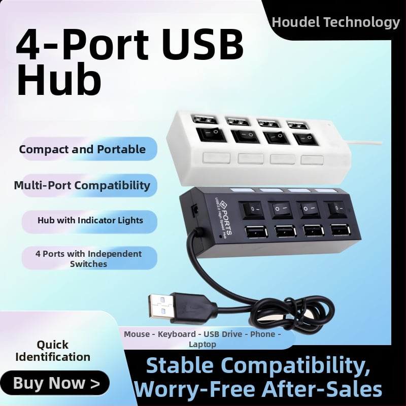 4-portový USB hub s nezávislým prepínačom a LED, USB 2.0, 480 Mbps, napájaný cez USB