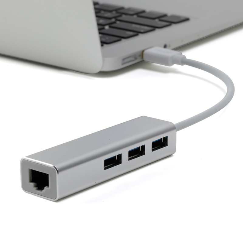 USB-C 3.0 hub s Ethernetom, 4-portový splitter, USB 3.0 rozhranie, 10/100 Mbps, model YCM-WK-05