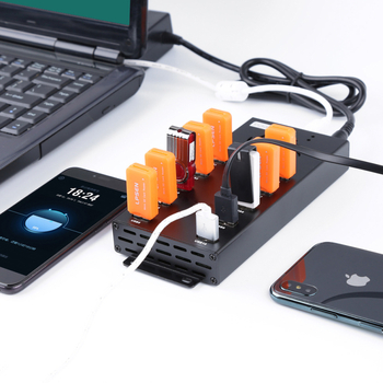 Hub USB 2.0 cu 10 porturi, alimentare externă, model A-400; transfer până la 480 Mbps; intrare 12V10A; ieșire 5V2.1A