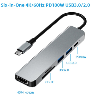 Type-C 6-v-1 dokovacia stanica s 4K HDMI, USB 5 Gbps, kábel 0,15 m, napájanie cez USB