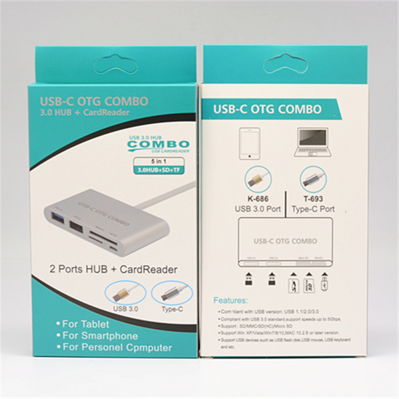 Stație de docking USB 3.0 cu cititor de carduri SD/TF, Type-C, 5 în 1, model T-693, transfer de 5 Gbps, alimentare externă