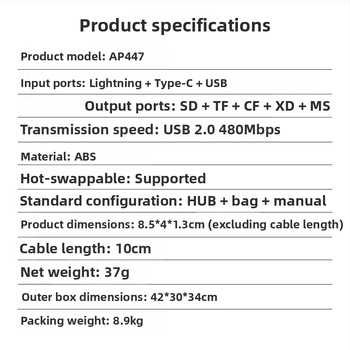 USB-C OTG čítačka kariet pre SD/TF/CF/XD/MS – USB 2.0, napájanie cez USB, kompatibilné s zariadeniami Apple a Android