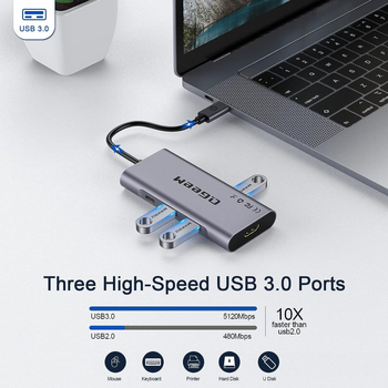 Stație docking Type-C 7-în-1 cu ieșire HDMI 4K, 5Gbps transfer, porturi USB, alimentare fără sursă externă, model QG-UH07-3