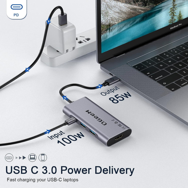 Stație docking Type-C 7-în-1 cu ieșire HDMI 4K, 5Gbps transfer, porturi USB, alimentare fără sursă externă, model QG-UH07-3