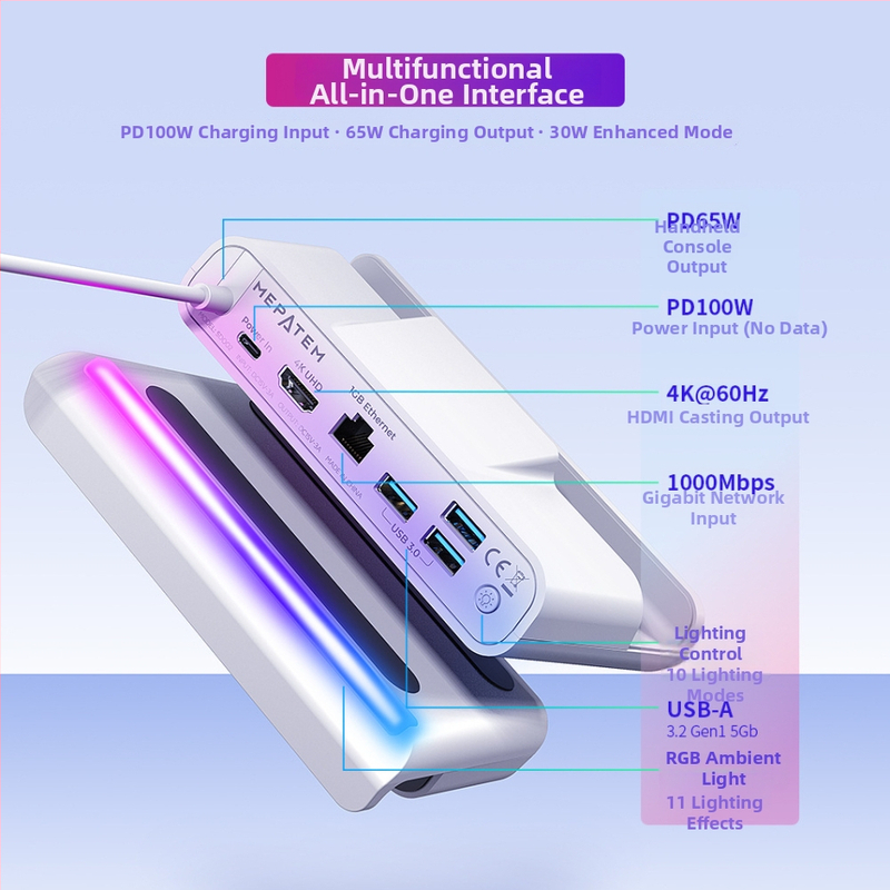ROG prenosný RGB dock USB-C viacportový hub, 10 Gbps prenos, 26 cm kábel, bez externého napájania, podpora 1–6 portov