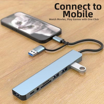 Type-C USB hub 8-v-1 s čítačkou kariet, 1,35 m kábel, 5 Gbps