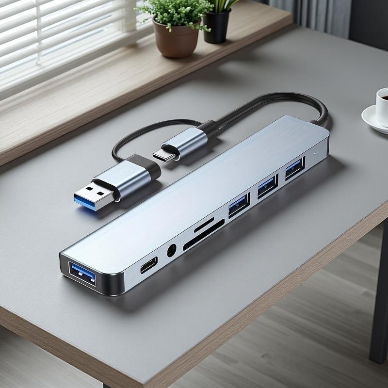 Type-C USB hub 8-v-1 s čítačkou kariet, 1,35 m kábel, 5 Gbps
