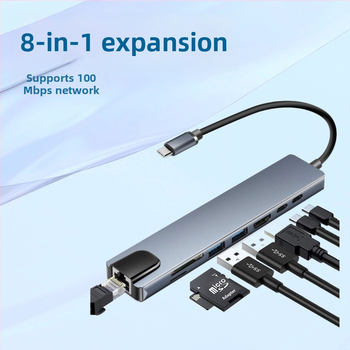 8-v-1 USB-C dokovacia stanica: USB 3.1, 5 Gbps, 15 cm kábel, bez externého napájania