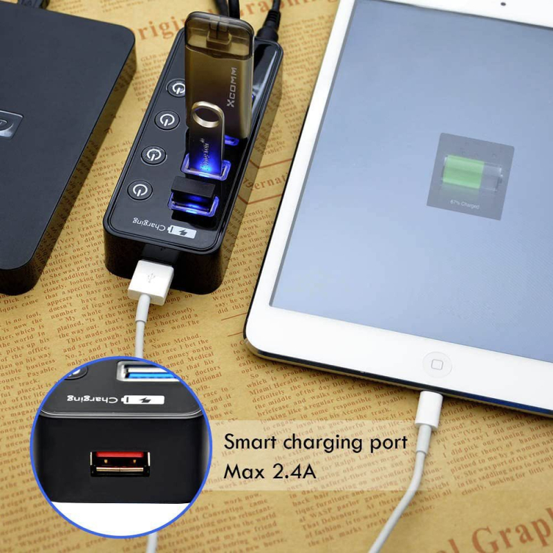 DM-HB26 USB 3.0 HUB s 4 porta i 1 neovisnim 2A portom za brzo punjenje uz prekidač