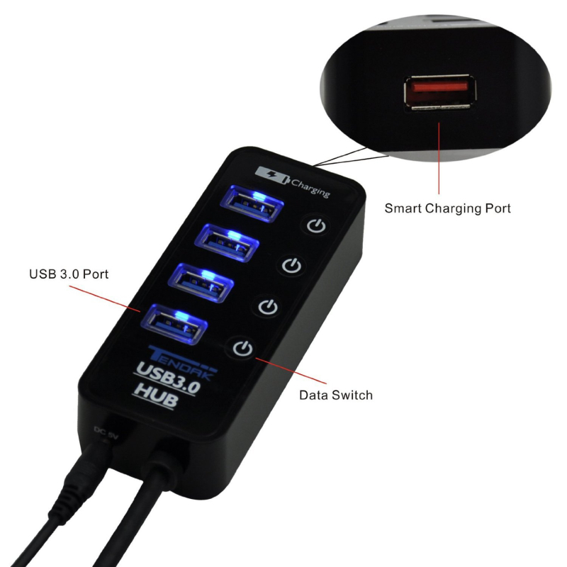 DM-HB26 USB 3.0 HUB s 4 porta i 1 neovisnim 2A portom za brzo punjenje uz prekidač