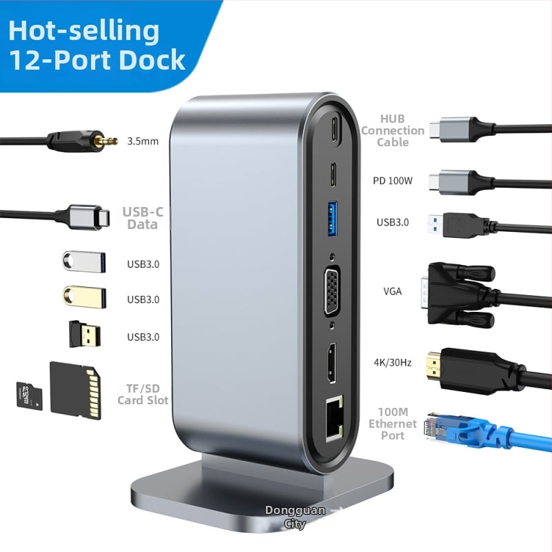 12-in-1 zvislá USB-C dokovacia stanica s viacerými portami pre Apple a Huawei počítače; Model: 2201; Rozhranie: USB-C; Prenosová rýchlosť: 5,0 Gbps; Externé napájanie: Nie; Dĺžka kábla: 13,5