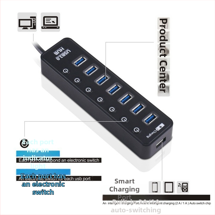7-portový USB 3.0 hub s nezávislými spínačmi, model CH-207U3, rýchlosť 5 Gbps, externý zdroj, dĺžka kábla 0,6 m alebo 1 m