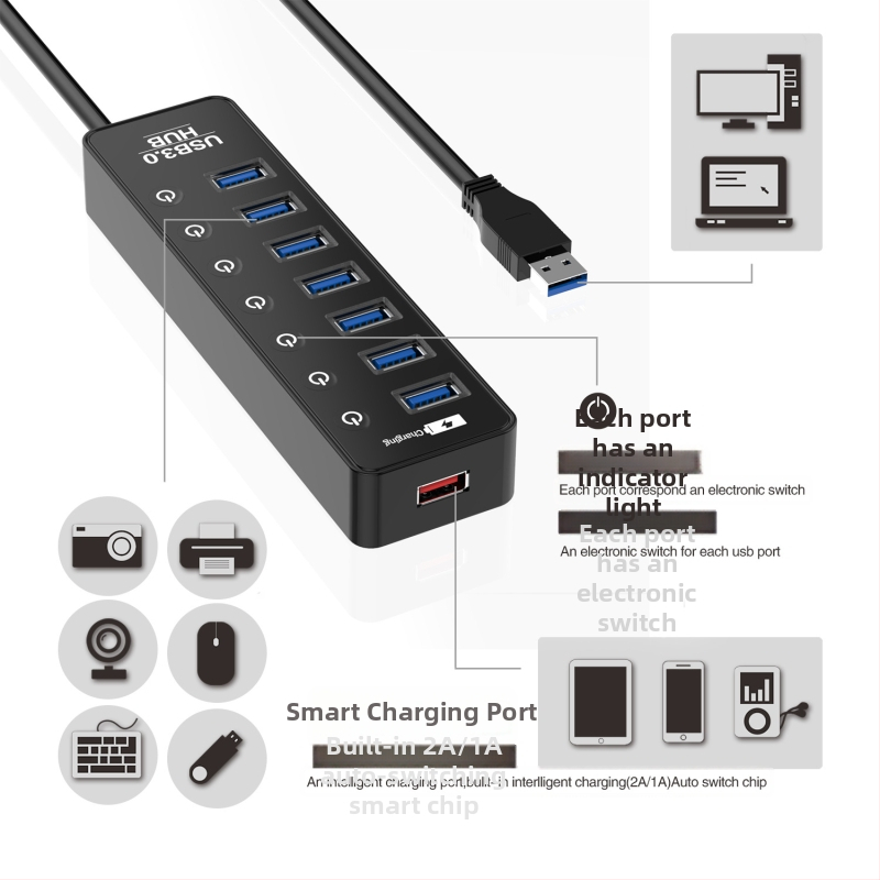 7-portový USB 3.0 hub s nezávislými spínačmi, model CH-207U3, rýchlosť 5 Gbps, externý zdroj, dĺžka kábla 0,6 m alebo 1 m