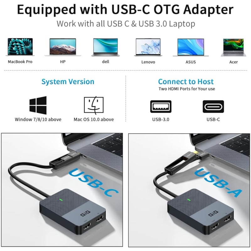 Σταθμός σύνδεσης USB 3.0 για διπλές οθόνες με DisplayLink 4K60Hz — μοντέλο D6102H, 1–4 θύρες, χωρίς εξωτερική τροφοδοσία