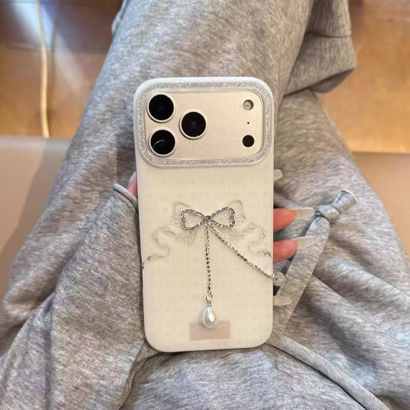 iPhone vāciņš ar korejiešu iedvesotu 3D rhinestone loku un ziedu dizainu, silikona matēts virsmas, kritiena aizsardzība