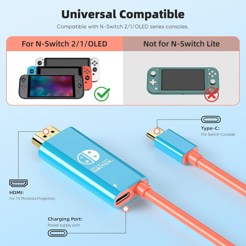 Prijenosni HDMI adapter kabel za Nintendo Switch, duljina 2 m, 4K, zaštitno kućište, kompatibilan s OLED televizorima