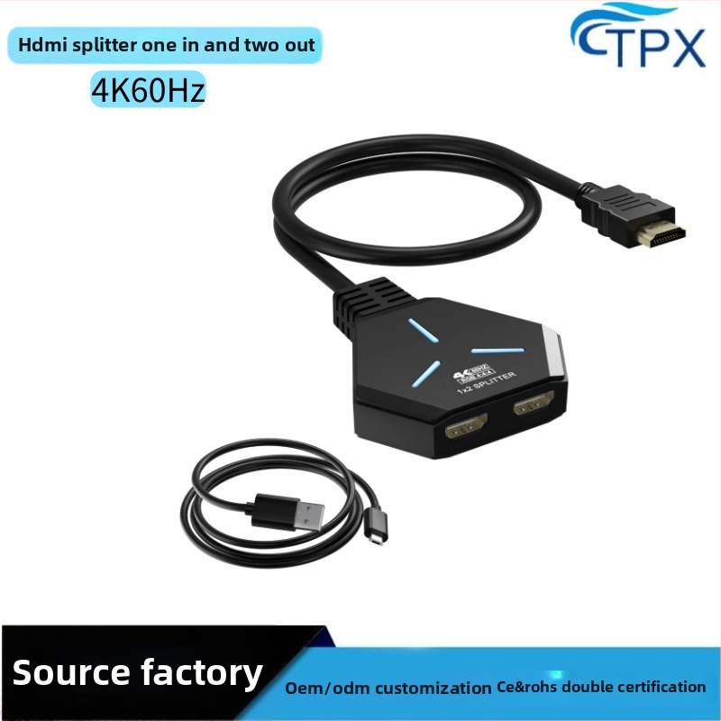 HDMI 1 ieeja, 2 izejas splitteris, 4K60Hz, Plug‑and‑Play, Modeļa HS-002