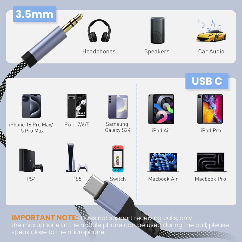 Automobilski Type-C na 3,5 mm AUX audio kabel, najlonski pleteni, zlatni konektori, bakreno jezgro