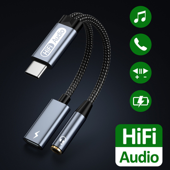 Adaptor USB-C către 3,5 mm pentru audio cu încărcare PD, pentru dispozitive digitale, cu contacte placate cu aur, nucleu din cupru, greutate 20 g, model USB-C-3.5+PD