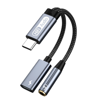 Adaptor USB-C către 3,5 mm pentru audio cu încărcare PD, pentru dispozitive digitale, cu contacte placate cu aur, nucleu din cupru, greutate 20 g, model USB-C-3.5+PD