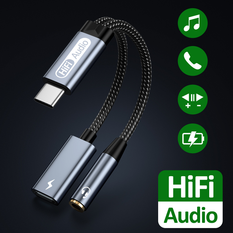 Adaptor USB-C către 3,5 mm pentru audio cu încărcare PD, pentru dispozitive digitale, cu contacte placate cu aur, nucleu din cupru, greutate 20 g, model USB-C-3.5+PD