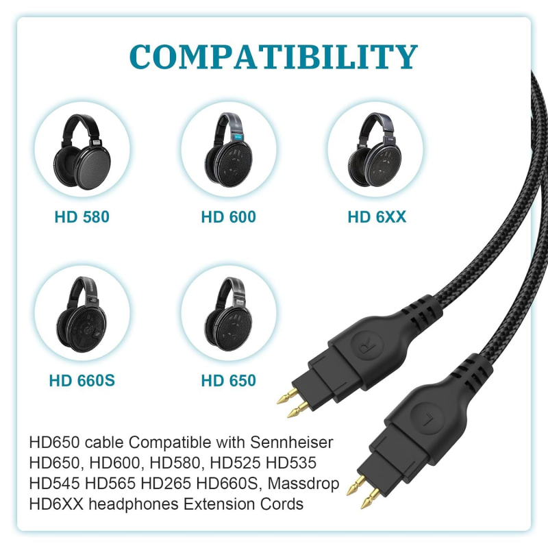 Kabel za slušalice Sennheiser HD580/HD600/HD650/HD660S/HD6XX – pozlaćeno, jezgro od sirovog bakra, bakar bez kisika, ROHS potvrda, težina 42 g