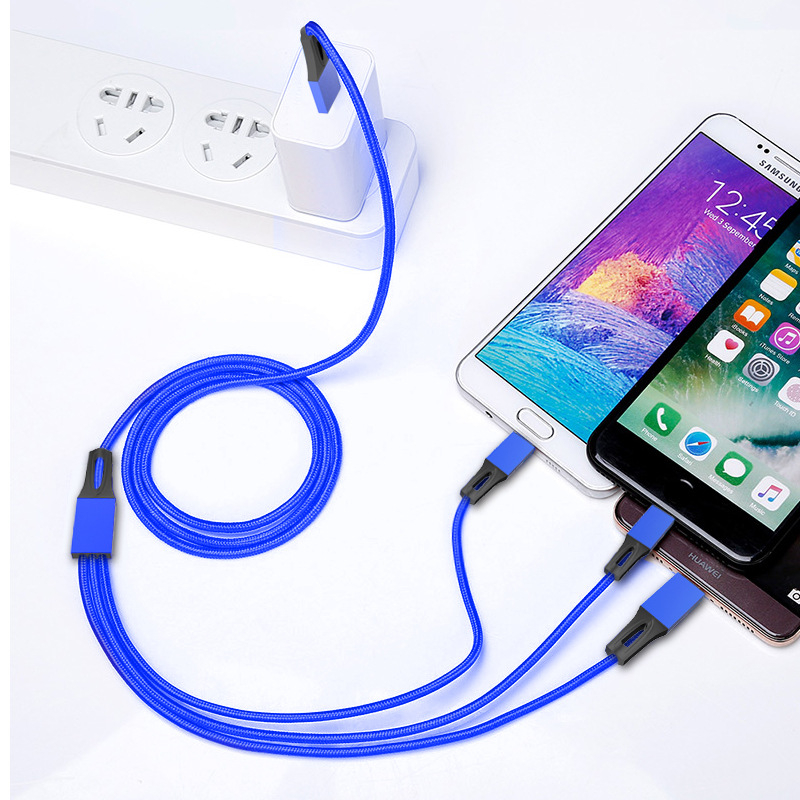 Cablu de date împletit 1–la–3 cu încărcare rapidă, Micro USB și Type-C, lungime 1–2 m, putere maximă 20 W